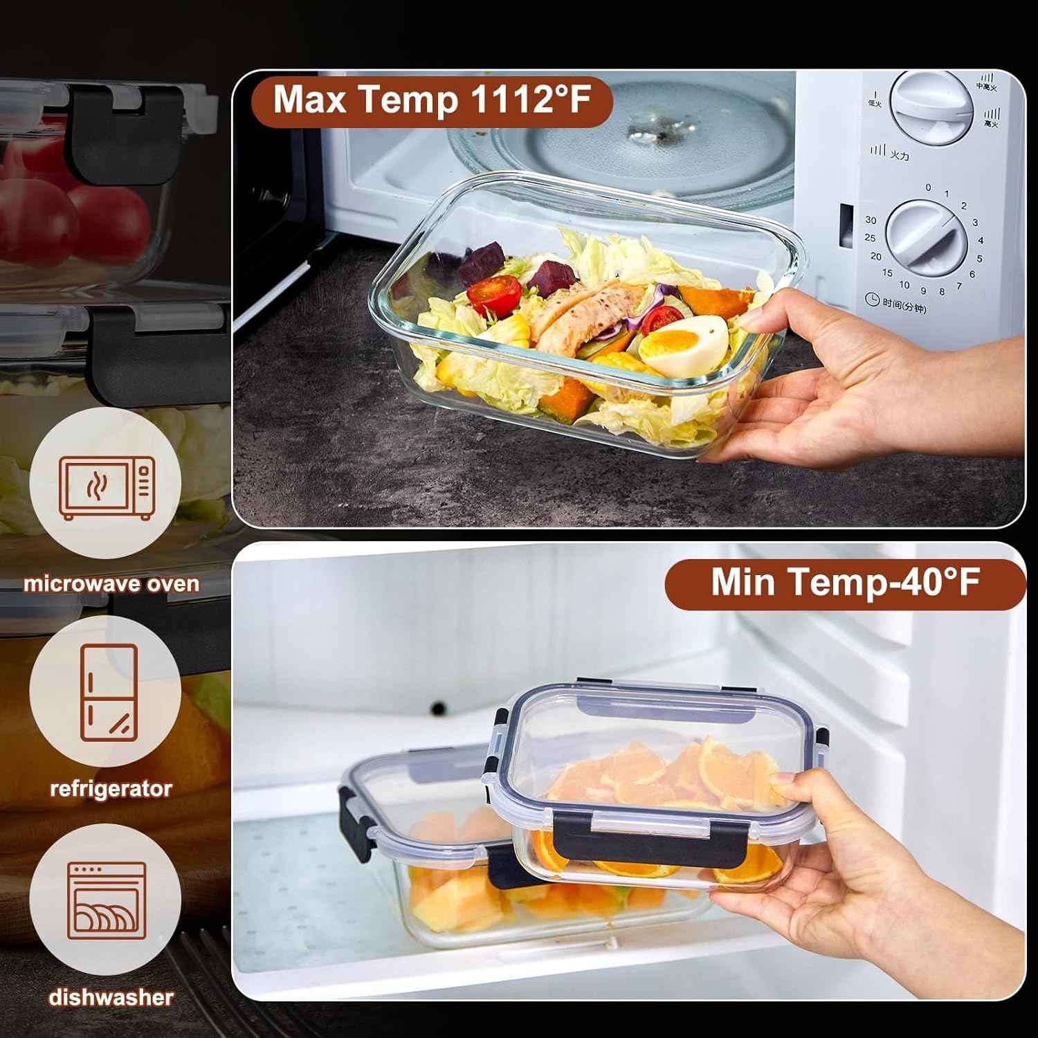 Wells Glass Meal Prep Containers, 8 Pack Glass Food Storage Containers Set with Airtight Locking Lids for Lunch, Fridge, Freezer, Dishwasher Safe, BPA-Free, Clear