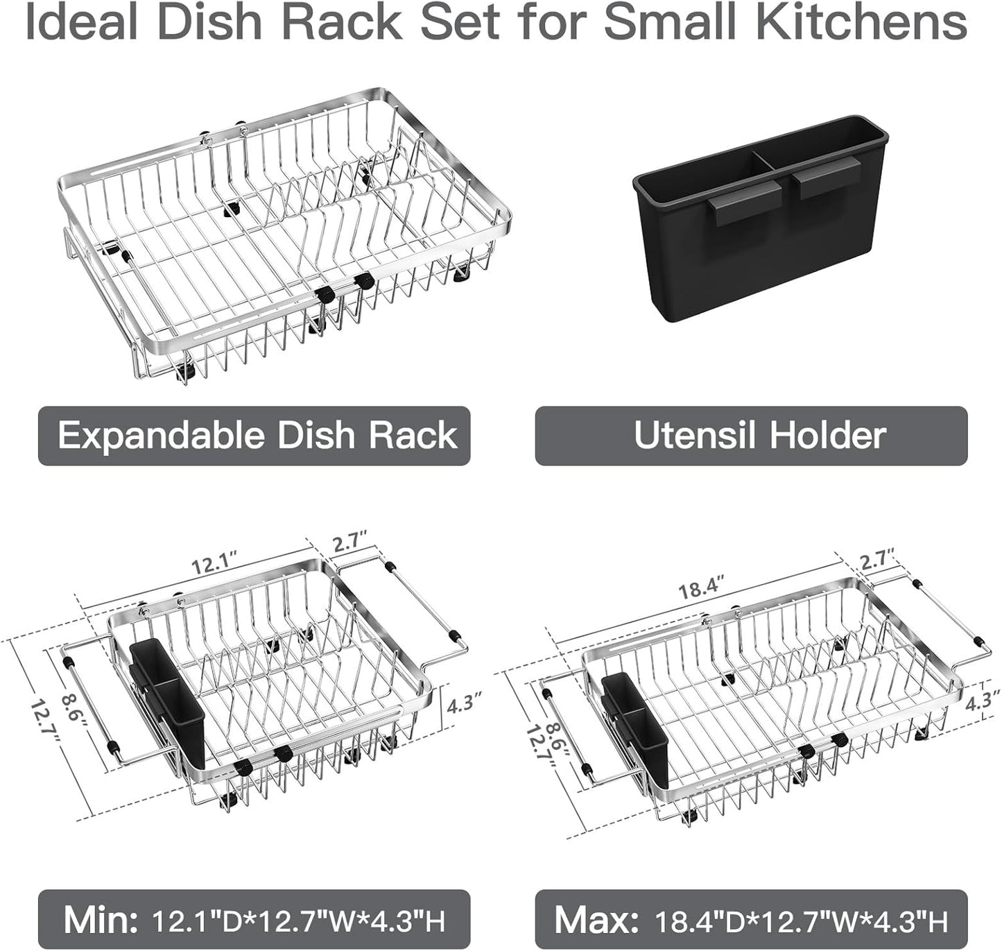 MAJALiS Dish Drying Rack Over The Sink, Expandable Stainless Steel Dish Drainer for Small Kitchen Counter Space Saving, RV Compact Plate Strainer In Silver Metal with Hanging Adjustable Utensil Holder