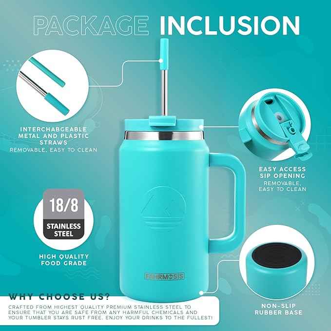 FAHRMOSIS 50 Oz Tumbler with Handle and Straw Large Insulated Tumbler Stainless Steel Travel Mug for Hot & Cold Drinks, Reusable Water Bottle with Lids and Straw - Teal
