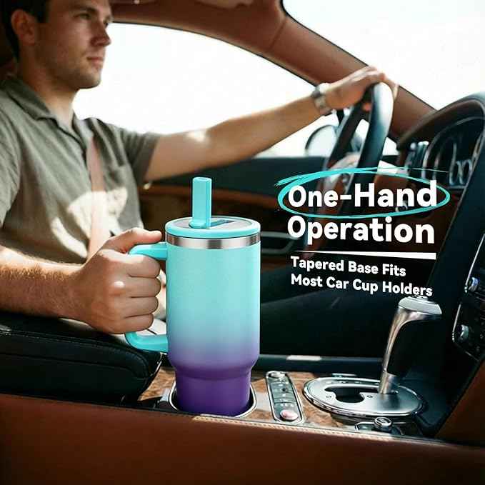 BENZZO 40 oz Tumblers with Handle - Spill Proof Flip Straw Travel Cups 40oz Water Bottle With Handle