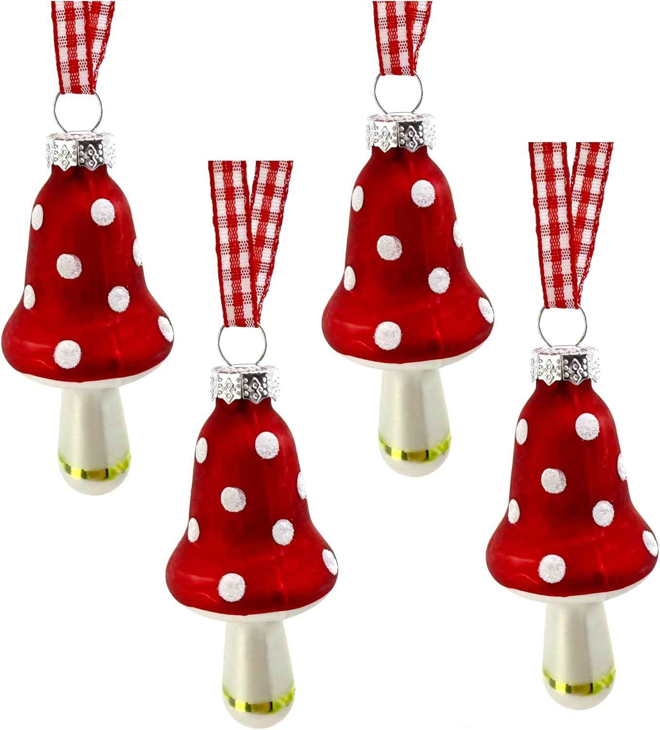 Mushroom Ornaments - Blown Glass Set of 4 Christmas Tree Decor Festive Holiday Decorations, 3 inch
