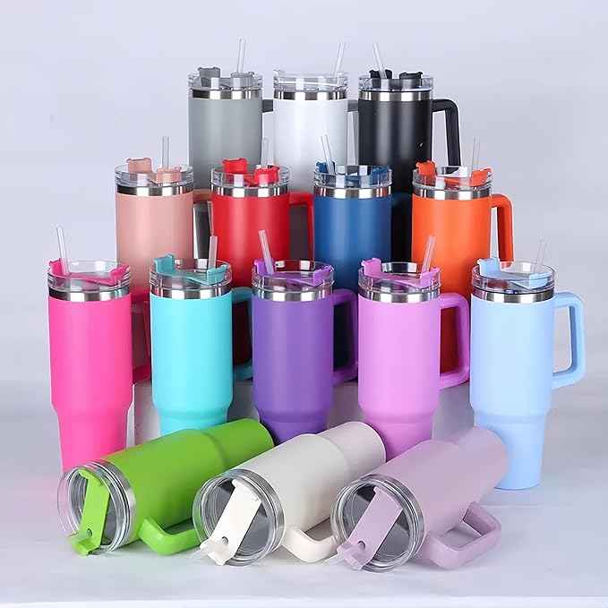 40oz Insulated Travel Mug Tumbler With Handle and Straw,Stainless Steel Double Wall Vacuum Cup Keep Drink Cold and Hot (Rose red)