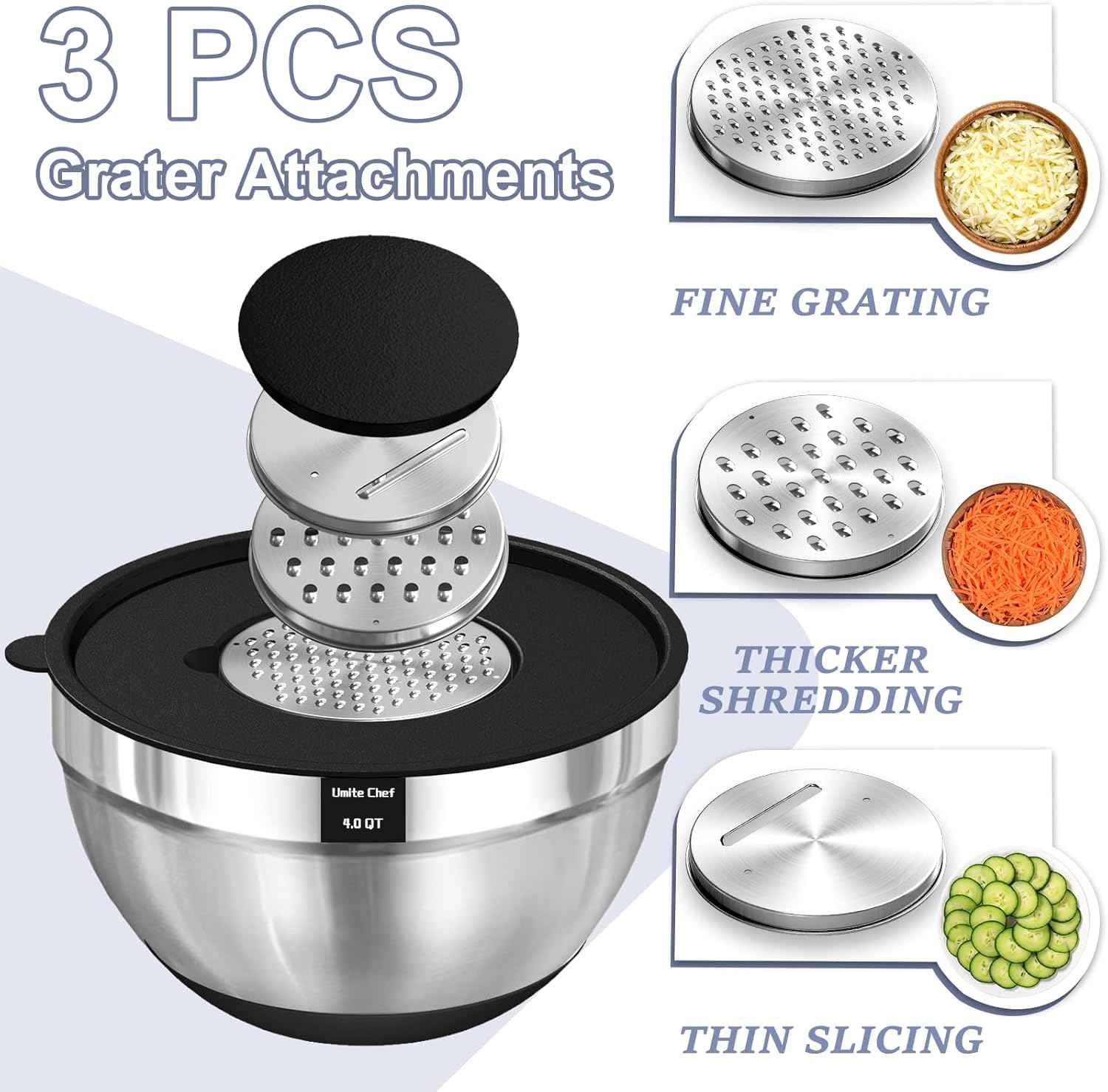 Umite Chef Mixing Bowls with Airtight Lids, 8PCS Stainless Steel Nesting Mixing Bowls Set, 3 Grater Attachments & Non-Slip Bottoms, Black Kitchen Bowls, Size 5, 4, 3.5, 2, 1.5QT for Baking & Serving