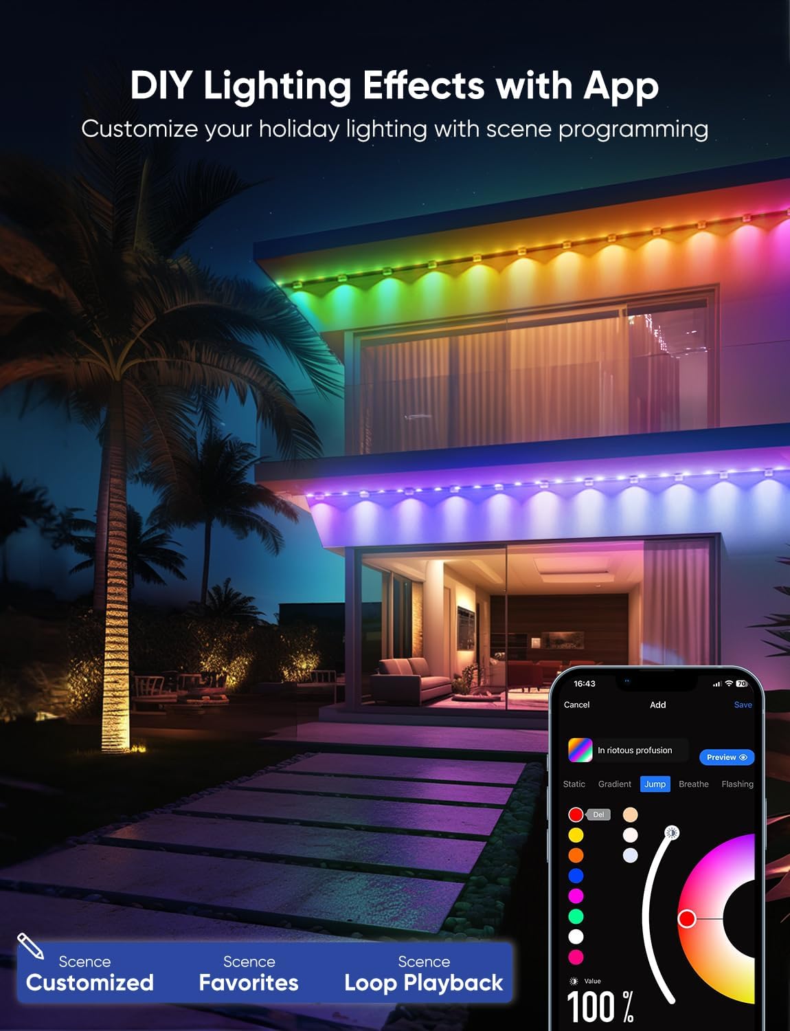 Permanent Outdoor Lights Pro 200ft, RGBCW Smart Eaves Lights with 144 LED Lights, Dual Lens, Cuttable, 111 Scene Modes, IP67 Waterproof Lighting for Holiday Decoration, Work with Alexa, White