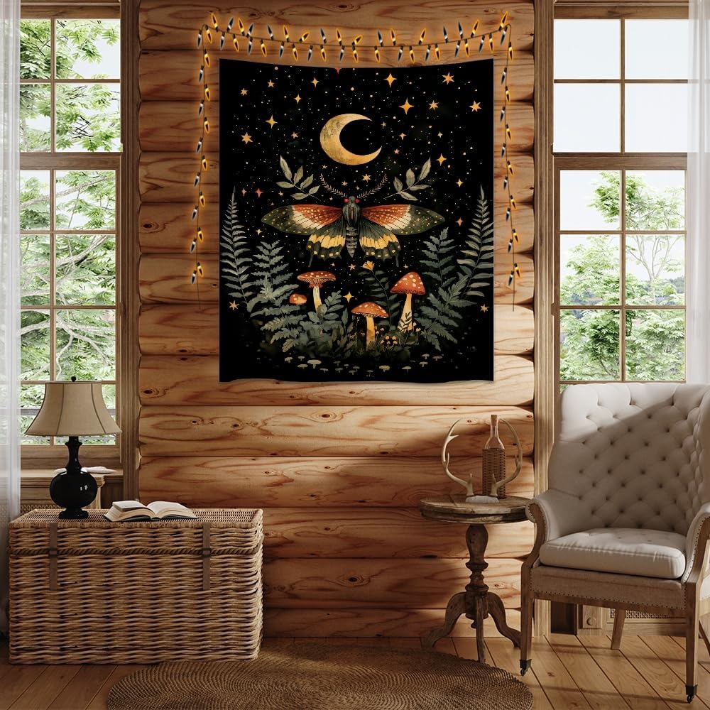 Mystical Moth Mushroom Tapestry Dark Academia Aesthetic Wall Hanging Decor Moon Star Witchy Print Butterfly Enchanted Forest Tapestries for Home Bedroom Living Room Office Decor 70x90inch