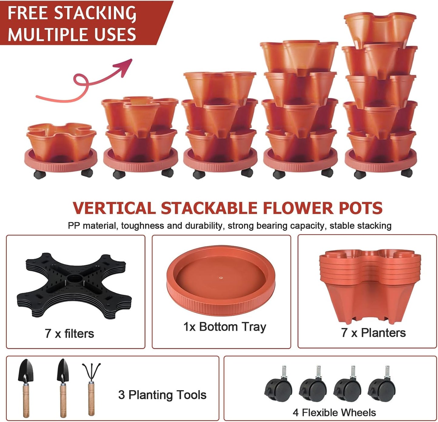 7 Tier Vertical Strawberry Planter-Tower Stackable Herb Planter Stacking Garden Planters Pot Outdoor with Tools Mover for Growing Flowers, Vegetables and Succulents, Red