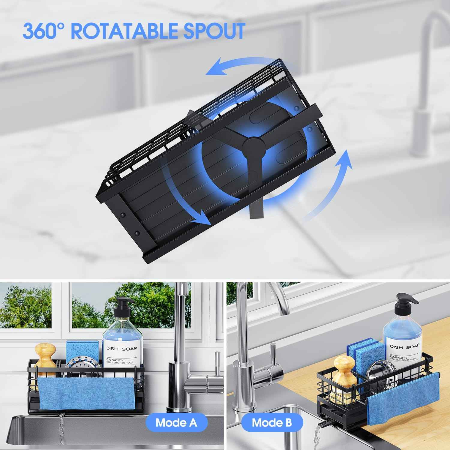 Kitchen Sink Sponge Holder, Rustproof Non-Slip Self-Draining Metal Sink Caddy with Detachable Dish Cloth Holder (Black)