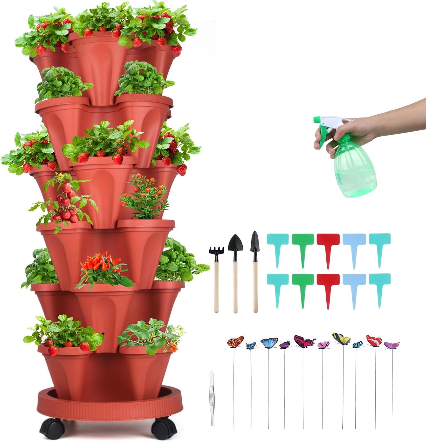 Vertical Planter, 6 Tier Stackable Strawberry Planter with Garden Tool Set, Movable Indoor/Outdoor Garden Herb Pot for Growing Vegetables and Succulents, Red