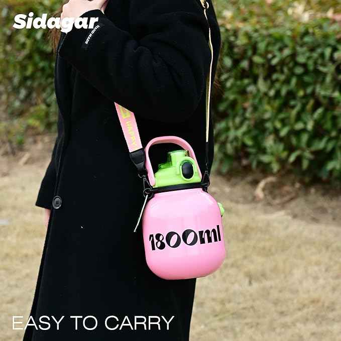 60 oz Big Gallon Water Bottle with Straw and Carry Handle, Pink Wide Mouth Vacuum Water Jug, Insulated Stainless Steel Bottles Easy Carry Tumbler for Women