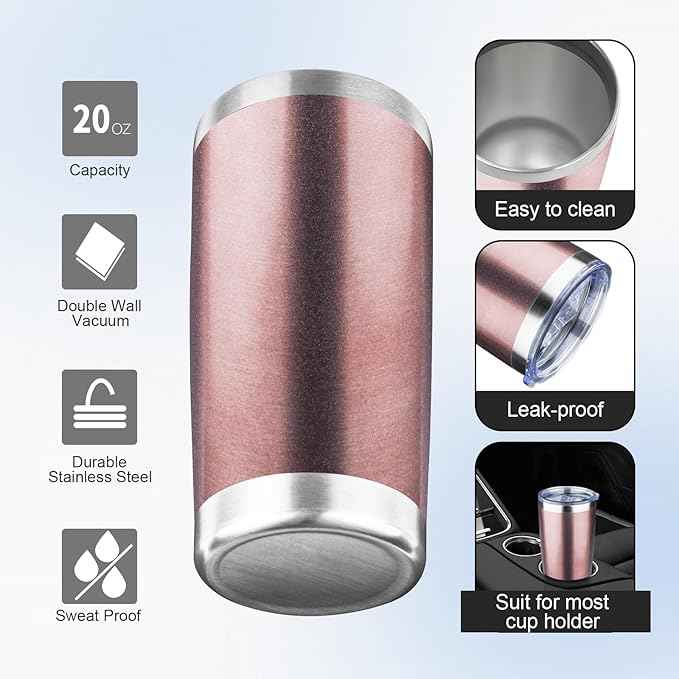 20oz Tumbler with Lid and Straw Double Wall Powder Coated Vacuum Insulated Coffee Tumbler Stainless Steel Insulated Travel Coffee Mug Spill-Proof Thermal Cup for Hot and Cold Beverage,Rose Gold