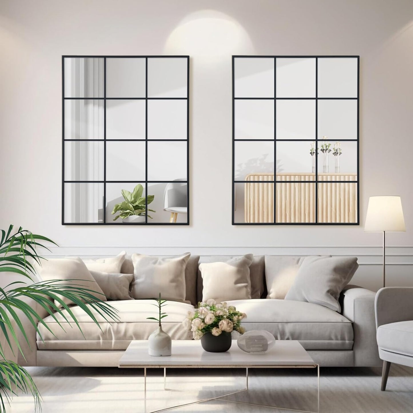 Windowpane Wall Mirror 30"x48" Black Wall Mounted Art Pane Mirror Farmhouse Decorative Mirror Leaning Hanging Wall Mirror for Bedroom Living Room Entrance Hallway Wall Decor