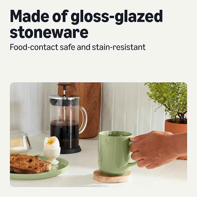 Amazon Basics Glazed Stoneware Coffee and Tea Mugs, Ceramic 4-Piece Set, 16 oz, Microwave, Freezer and Dishwasher-Safe, Stain-Resistant, Olive