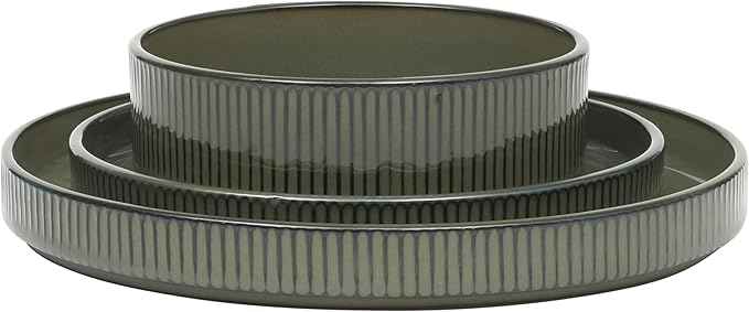 Gibson Elite 12 Piece (Service for 4) Townscape Plates and Bowls Reactive Glaze Embossed Round Dishes Terracotta Ceramic Dinnerware Set - Dark Green