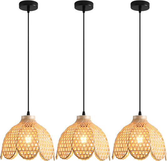 3-Pack Boho Pendant Light Fixture 9.8" Bamboo Hanging Light Mini Rattan Pendant Light,Woven Wicker Shade Rattan Chandelier for Dining Living Bedroom Kitchen Farmhouse