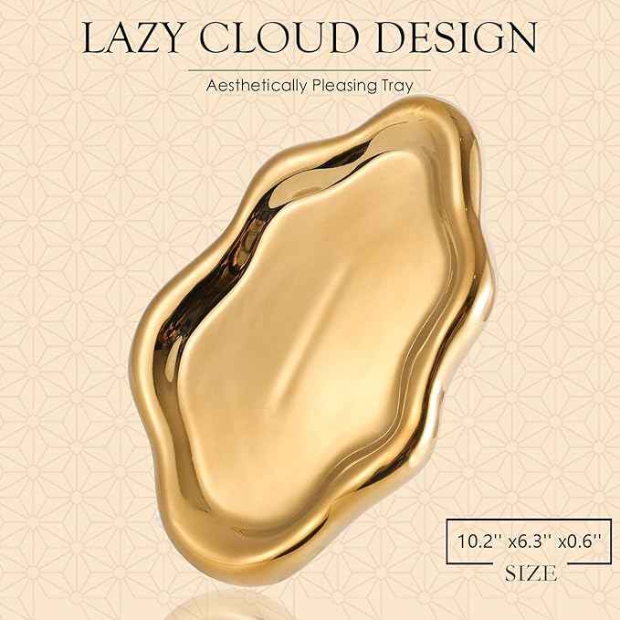 CCINPPY Ceramic Jewelry Tray Trinket Dish, Decorative Cloud Vanity Key Tray for Women, Ring Holder Dish, Cute Jewelry Plate Bowl Room Decor Aesthetic, Gold, Large