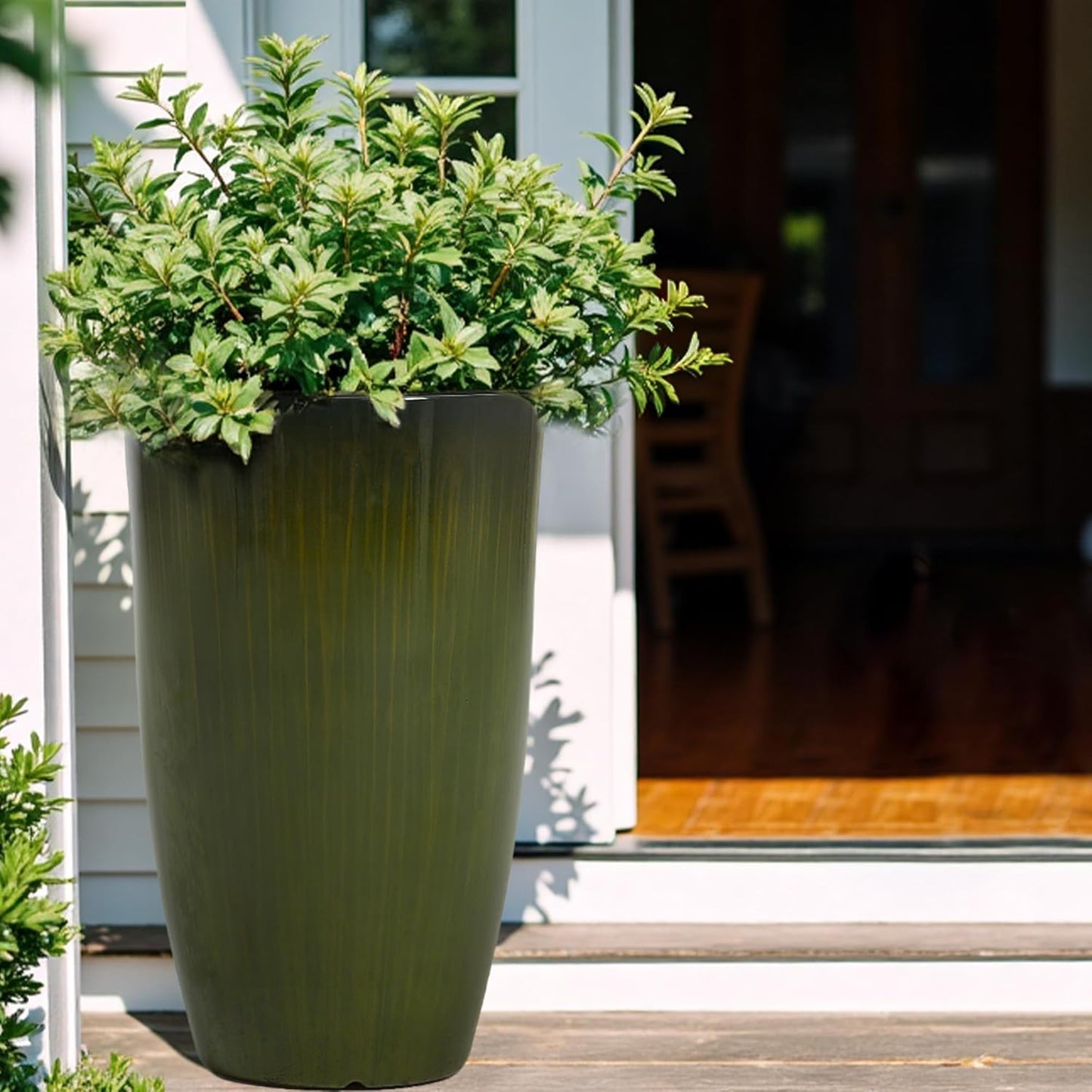 Worth Garden 23.5" H. Large Plastic Planters - Set of 2 Gradient Green Glossy Smooth Finish - Tall Plant Pots for Indoor & Outdoor Use - Decorative Lightweight Flower Pots for Front Porch, Patio, Deck