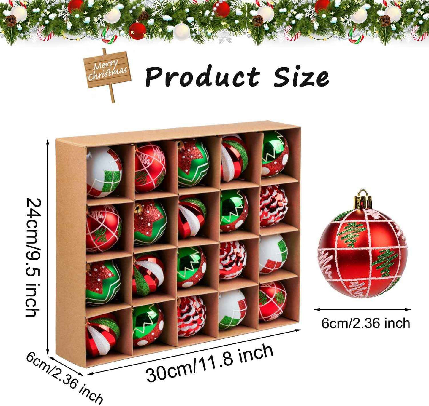 Christmas Tree Ball Ornaments 20ct Set, 2.36 Inch Red Green White Classic Christmas Decorations, Shatterproof Hanging Ornaments for Xmas Holiday Decoration (Red&Green&White)