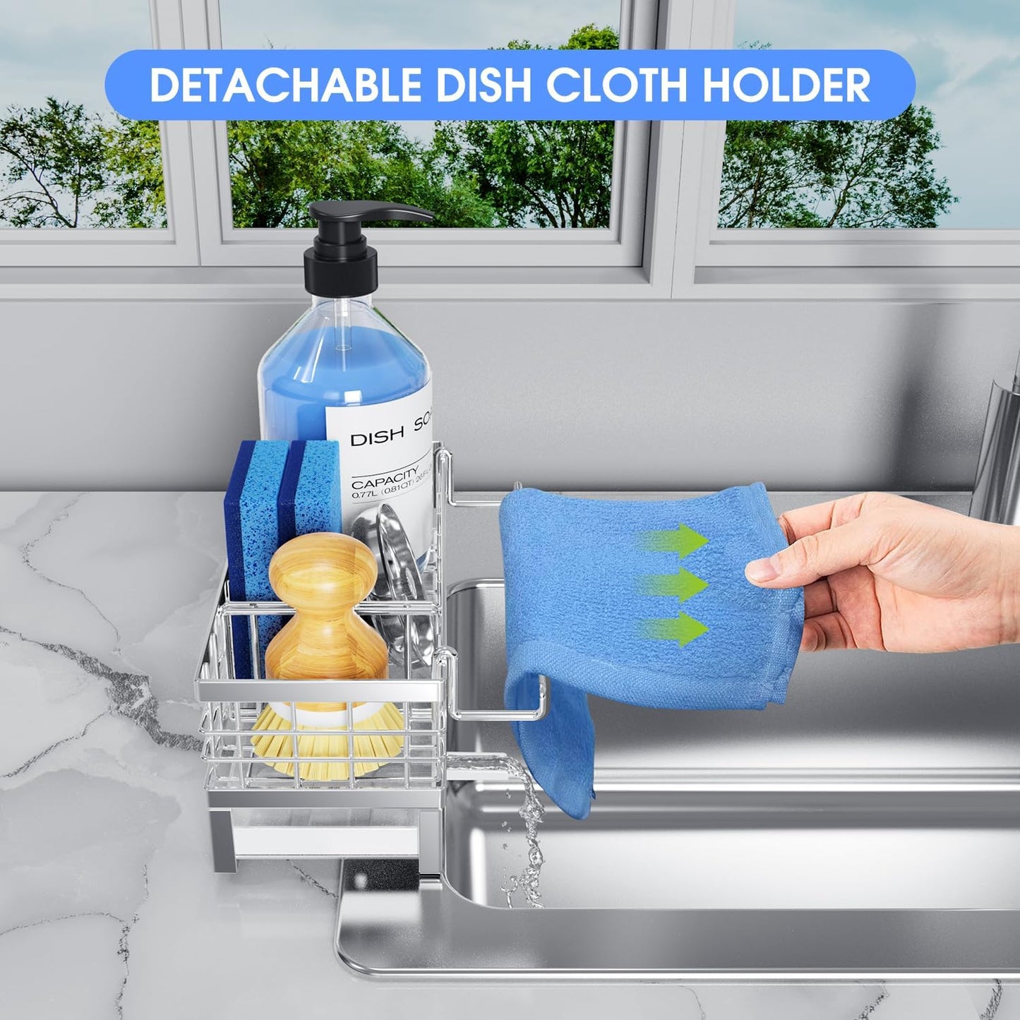 Kitchen Sink Sponge Holder - Self-Draining, Detachable Dish Cloth Holder, Rustproof Kitchen Countertop Organizer (Stainless Steel)