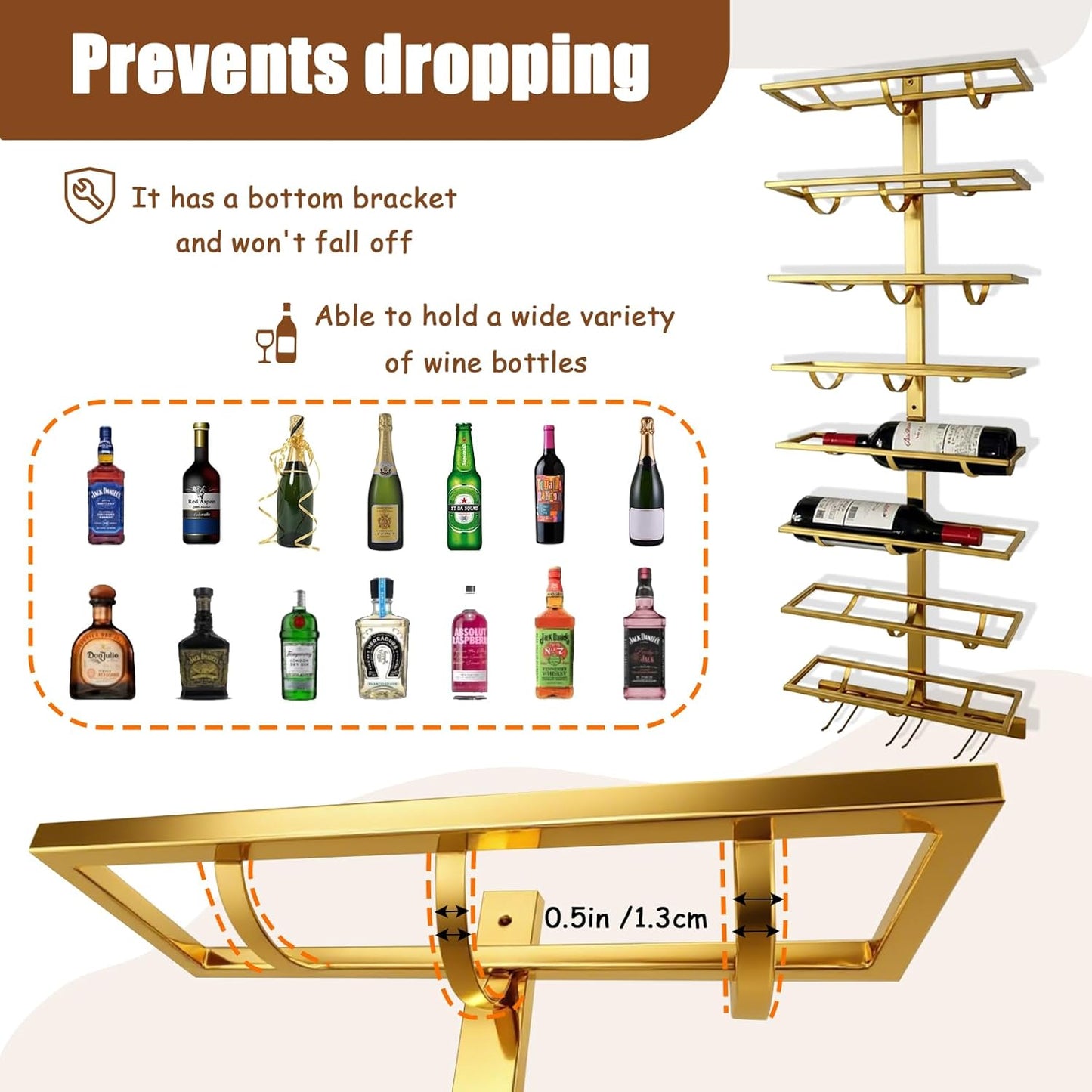 20 Bottle Wall Mount Wine Rack with Wine Glass Holder, Metal Wine Wall Rack, Wall Racks for Wine Bottles Display and Storage, Hanging Bottle Organizer for Living Dining Room Wine Cellar Bar (Gold)