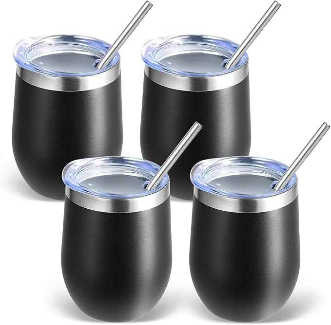 Volhoply 12oz Stainless Steel Wine Tumbler with Lid Bulk 4 Pack,Double Wall Vacuum Stemless Wine Glasses,Reusable Metal Travel Coffe Mug with Straw,Insulated Cup Gifts for Women,Christmas（Black,4 Set）