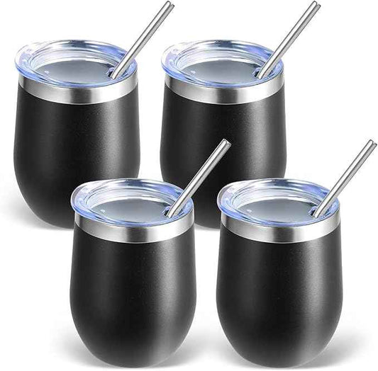 Volhoply 12oz Stainless Steel Wine Tumbler with Lid Bulk 4 Pack,Double Wall Vacuum Stemless Wine Glasses,Reusable Metal Travel Coffe Mug with Straw,Insulated Cup Gifts for Women,Christmas（Black,4 Set）