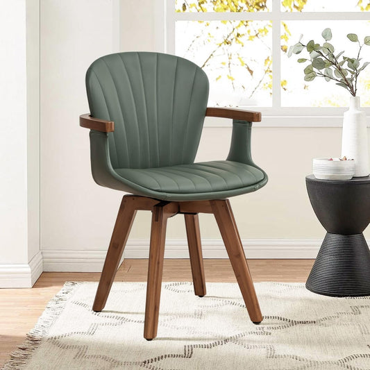 LUNLING Swivel Dining Chairs, Mid Century Modern Green Faux Leather Kitchen Chairs with Arms,Bamboo Legs Side Chairs No Wheels,Accent Chair for Dining Rooms and Offices,1PCS