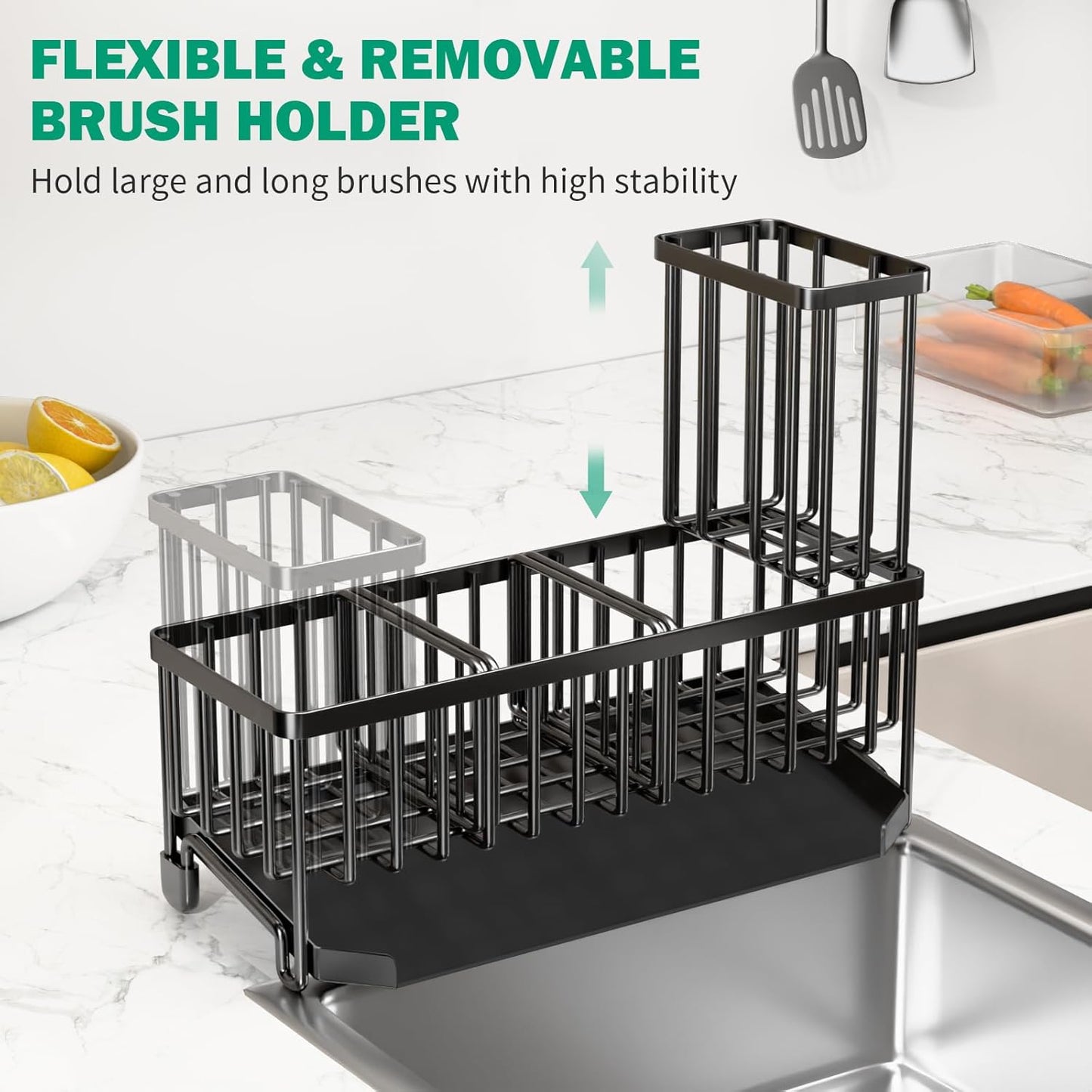 TomCare Extra Large 11'' Sink Caddy With Drain Tray Non-slip Kitchen Sink Organizer With 2 Adjustable Dividers High Brush Holder Rustproof Sponge Holder Kitchen Storage Accessories for Counter