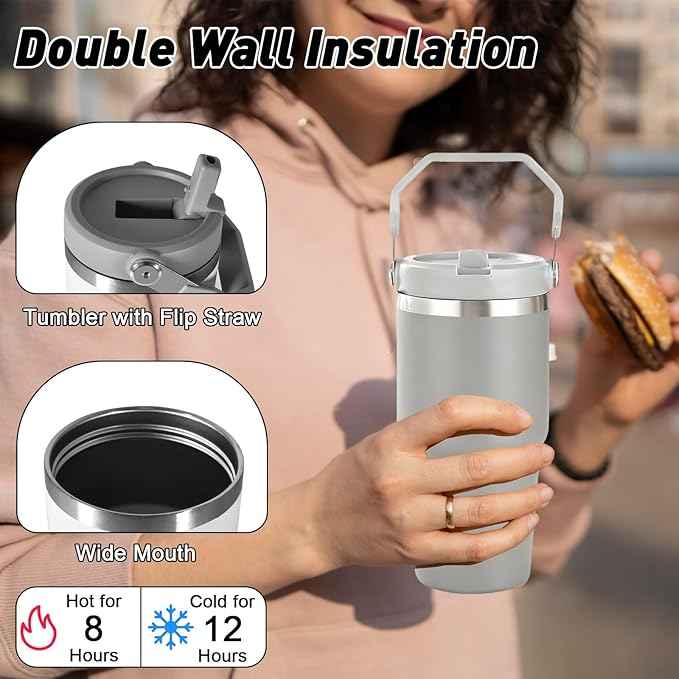 20 oz Tumbler with Handle, Insulated Tumbler with Lid and Flip Straw Leak Proof Double Wall Stainless Steel Vacuum Travel Coffee Mug Insulated Water Bottle Thermal Cup, Cupholder Friendly, Grey