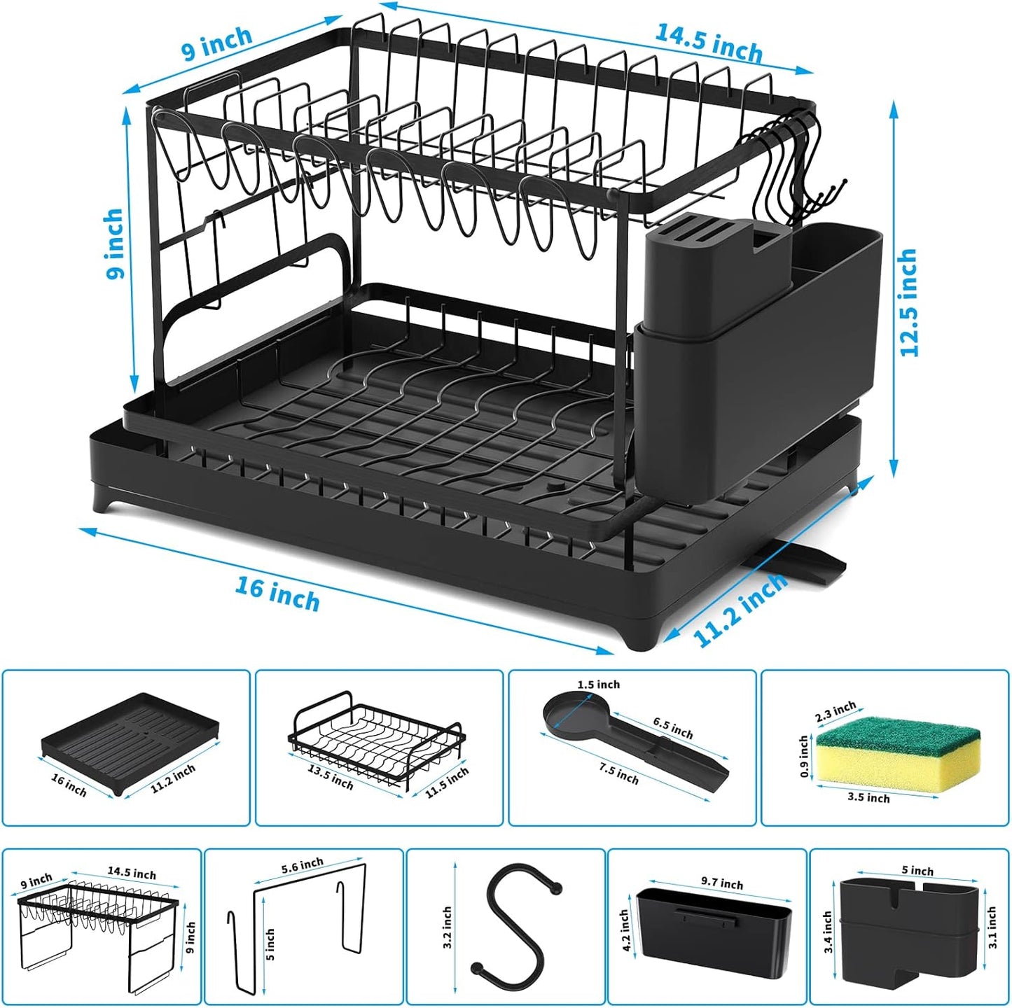 XLMYS Dish Drying Rack, 2 Tier Large Dish Drying Rack for Kitchen Counter with Drainboard Stainless Steel Dish Drainer for Dish/Knifes/Cup/Cutting Board, Black