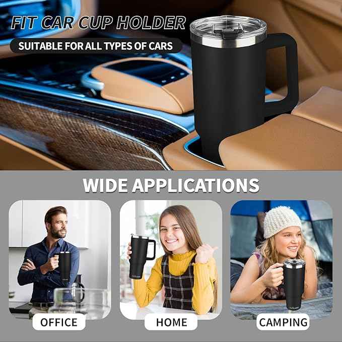 40 oz Tumbler with Handle, Insulated Tumbler with Lid and Straw, Reusable Stainless Steel Vacuum Insulated Cup, 100% Leak Proof Thermal Travel Coffee Mug Cup for Cold and Hot (Black)