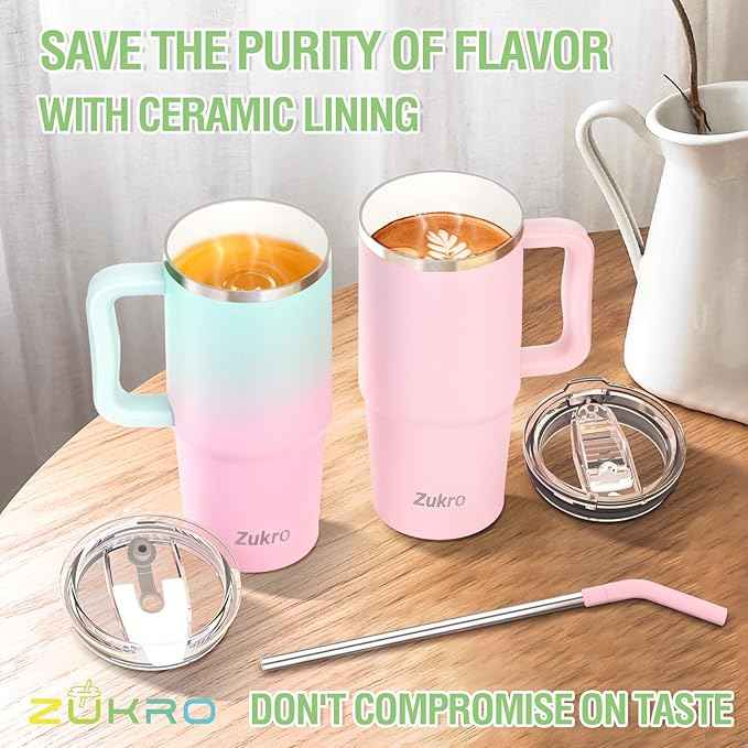Zukro 24 oz Ceramic Lined Tumbler with Handle and Straw, No Metal Taste, Insulated Stainless Steel Coffee Mug with Spill Proof Lids for Home/Office, No Sweat, Keep Drinks Hot or Cold, Teal