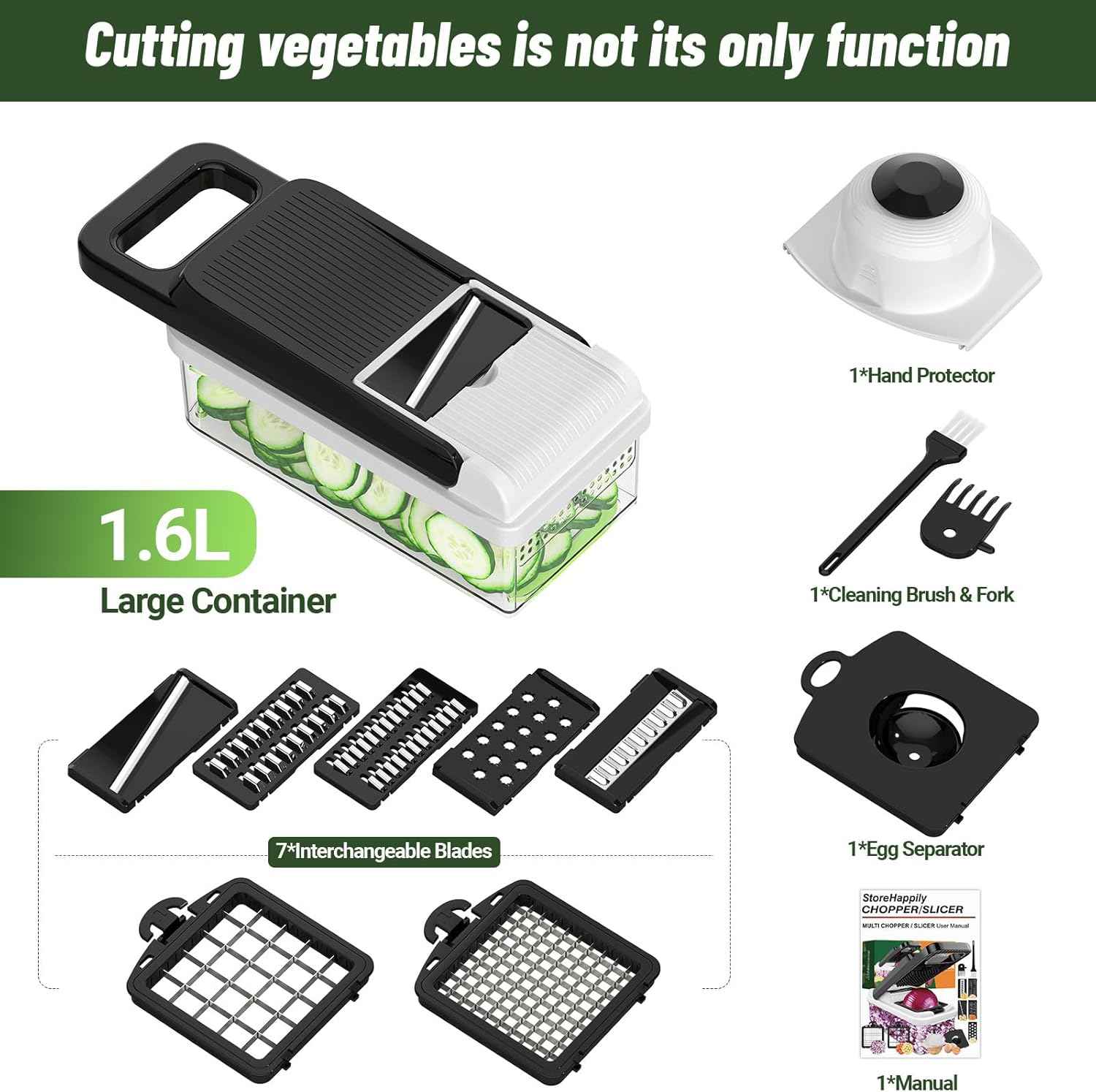 StoreHappily 12-in-1 Vegetable Chopper, 7 Blades Veggie Chopper with Container and Lid, Dicer, Slicer, Multifunctional Kitchen Gadgets, Vegetable Cutter with Handle, Onion Cutter(Black/White)