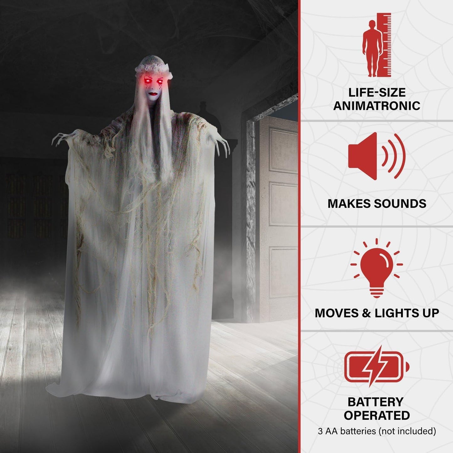 Haunted Hill Farm Life-Size Scary Ghost Bride, Halloween Animatronic with Touch Activated Lights and Sound, Battery Operated Indoor or Covered Outdoor Halloween Decorations, Creepy Halloween Prop