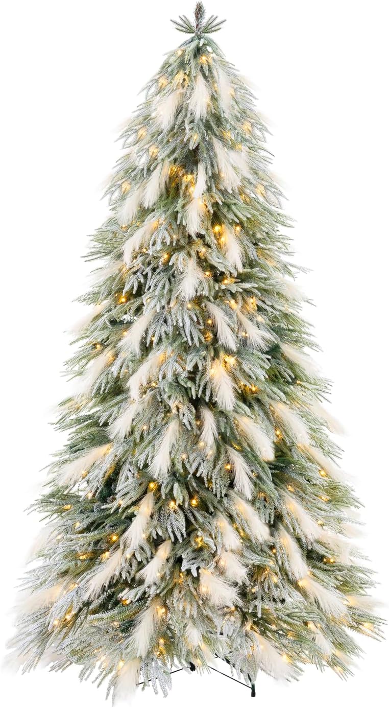 Makenna 6.5ft Snow Flocked Feathery Frosted Prelit Artificial Christmas Tree with 4958 Pampas Tips, 350 Warm Lights and Metal Stand, 40" Wide Realistic Snow Flocked Pine Christmas Tree with Lights