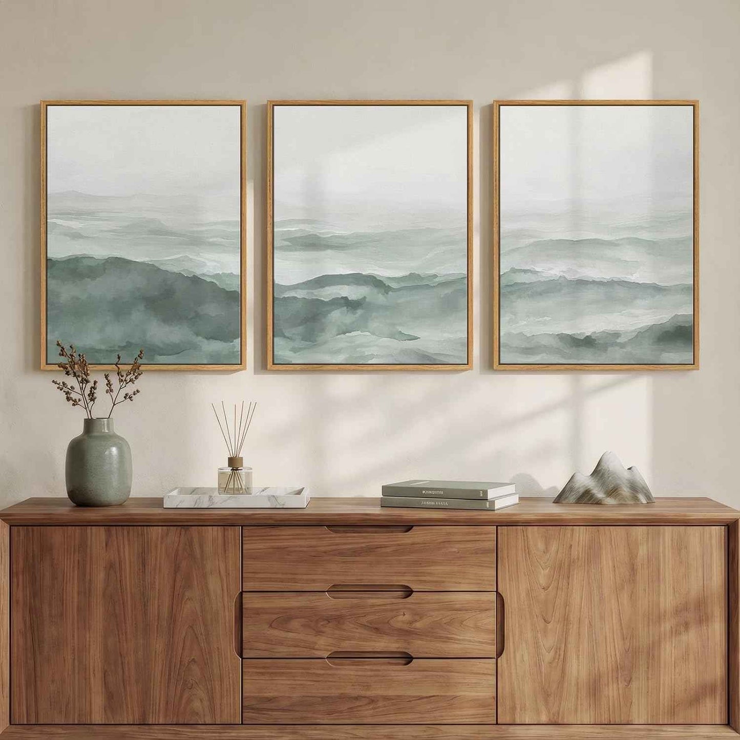 Framed Pastel Green Landscape Wall Art Bedroom, 3 Piece Minimalist Misty Mountain Scenery Canvas Artwork for Walls, Sage Green Paintings Prints Wall Decor for Living Room Home Office, 12x16 Inch