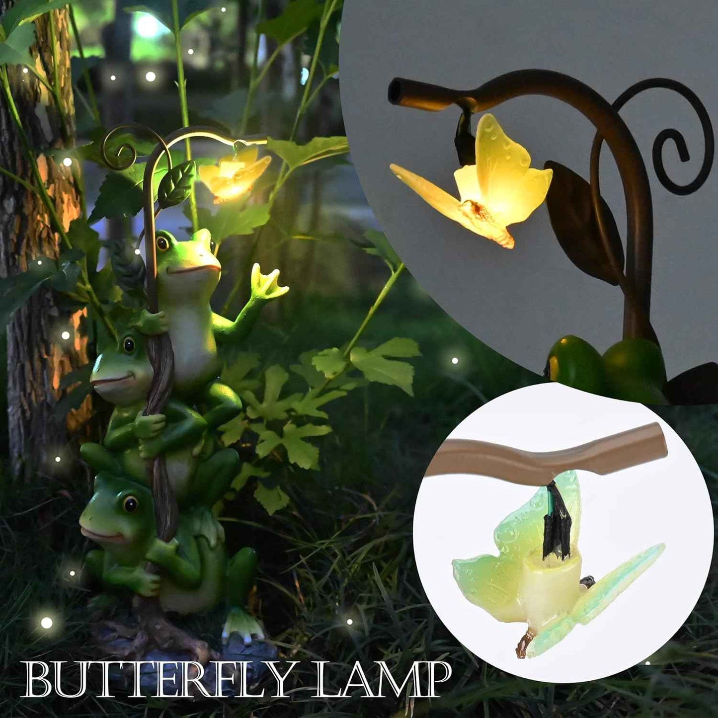 WENYLE Frog Garden Decor, Outdoor Funny Resin Solar Frogs and Butterfly Statues for Yard Art, Garden Frogs Statues with Solar Light for Patio Yard Lawn Porch Ornament