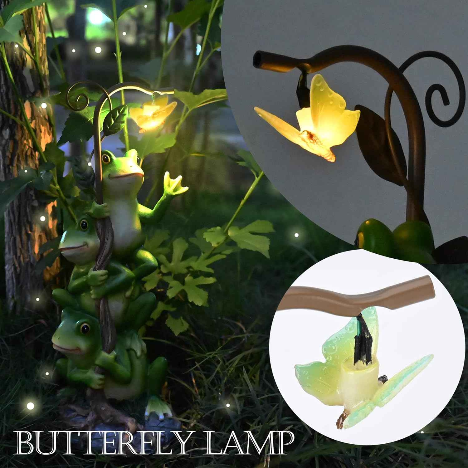 WENYLE Frog Garden Decor, Outdoor Funny Resin Solar Frogs and Butterfly Statues for Yard Art, Garden Frogs Statues with Solar Light for Patio Yard Lawn Porch Ornament