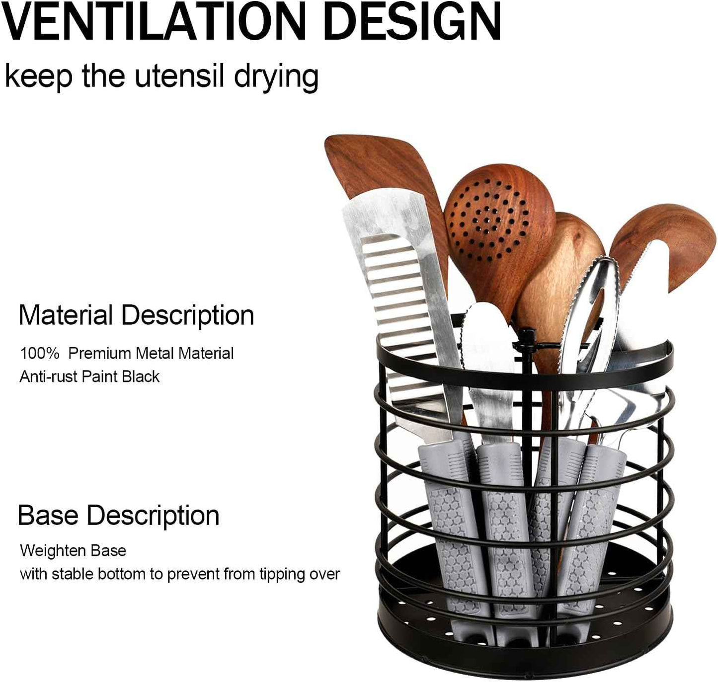 KOLUTI 360° Rotating Kitchen Utensil Holder Organizer, 7.2" x 7" Extra Large Cooking Tool Storage Round Caddy, Weighted Base with Drain Hole, Wire Metal Flatware Crock for Countertop, Paint Black