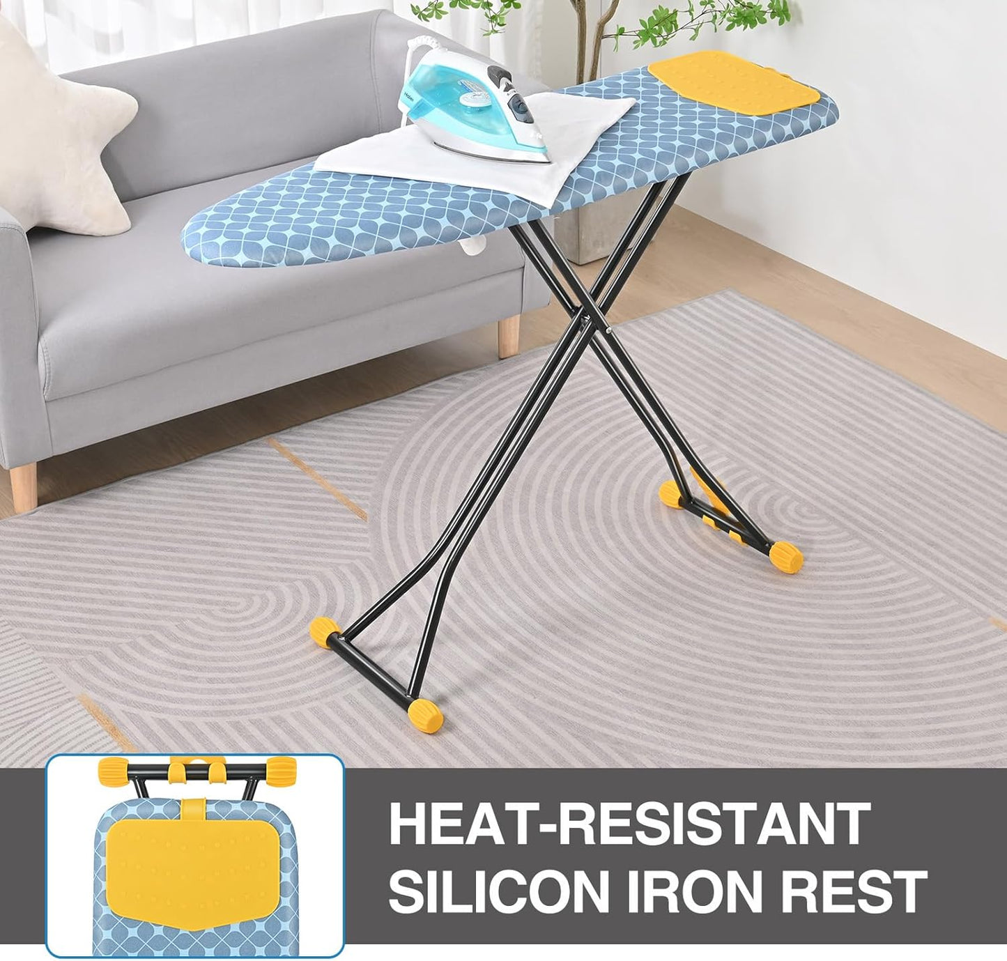 APEXCHASER Ironing Board with Iron Rest, Compact and Space Saver Iron Board, Extra Thick Cover, Height Adjustable, Wall Mount & Closet Hanger 13x43 Yellow