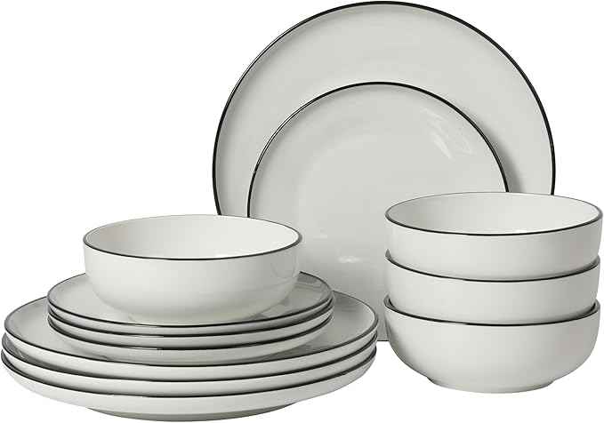 Gibson Home Havenstone 12-Piece Porcelain Dinnerware Set – Dinner Plates, Salad Plates & Bowls, Classic White With Black Rim Everyday Dish Set for Home, Kitchen, Microwave & Dishwasher Safe