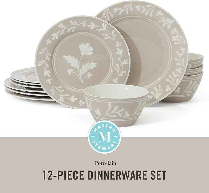 Martha Stewart Dinnerware Set - Maiden Crown 12-Piece Dish Set, Taupe – New Bone China Ceramic Plates & Bowls – Floral Design – Service for 4 – Microwave & Dishwasher Safe