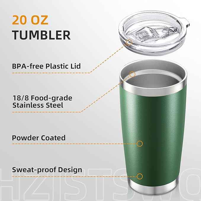 20 oz Tumbler Bulk with Lid Stainless Steel Insulated Tumblers Double Wall Vacuum Coffee Mug Powder Coated Tumbler Cups for Cold and Hot Drinks, Dark Green, 12 pack
