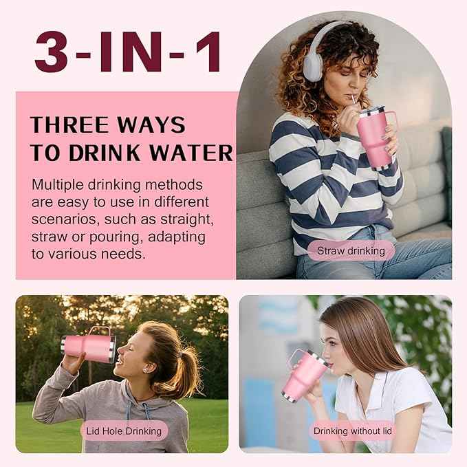 30 oz Stainless Steel Tumbler with Handle, Double Wall Vacuum Insulated Coffee Mug Tumbler with Lid and Straw, Thermal Cup for Cold and Hot (Pink)