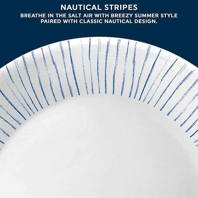 Corelle 18-Piece Dinnerware Set Service for 6, Lightweight Round Plates and Bowls Set, Vitrelle Triple Layer Glass, Chip Resistant, Microwave and Dishwasher Safe, Nautical Stripes