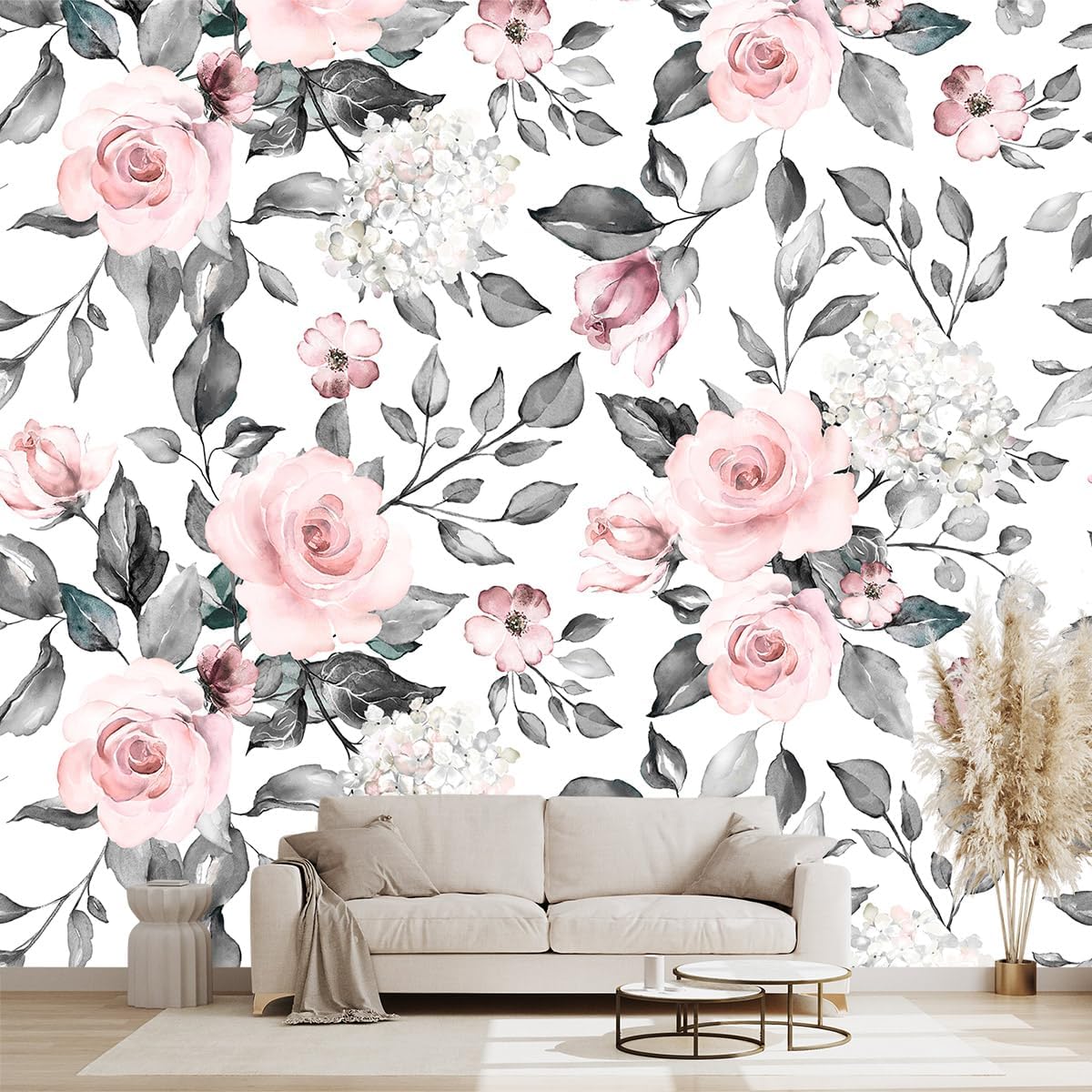 Grey Leaf Pink Flowers Mural Bedroom Floral Wallpaper Room Decor Living Room tv Background Large Wall Mural - 137"x96" (Not Peel and Stick)