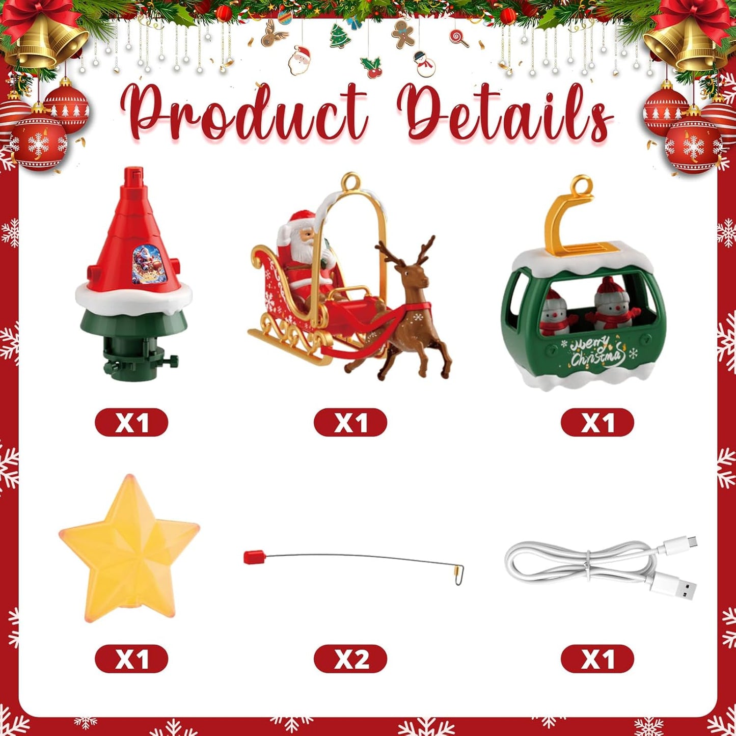 Musical Rotating Christmas Tree Topper with LED Star Light, Santa Sleigh and Cable Car Decorations, USB Powered