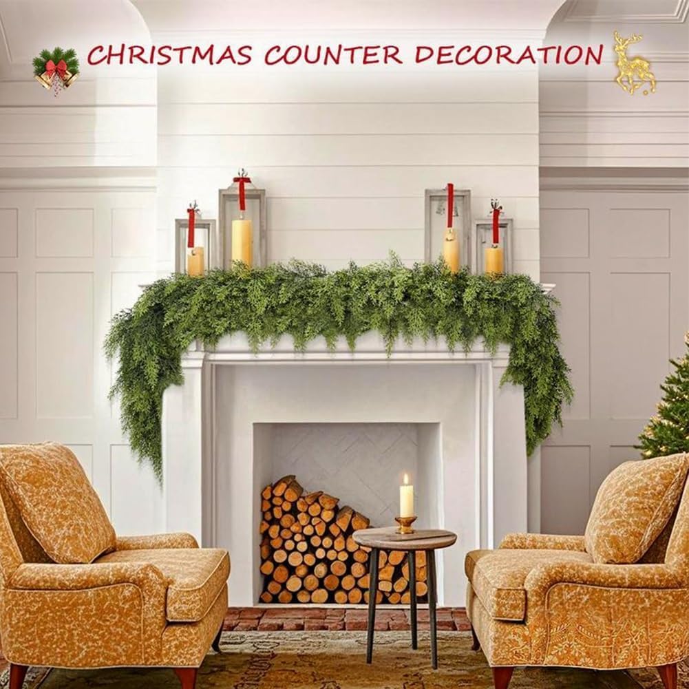 6 Ft Artificial Cedar Garlands – Real Touch Winter Greenery, Realistic Artificial Cedar Tree Christmas Pine Garland Decorations for Table Mantle Wall Indoor Fireplace Holiday Party (6ft, 1)
