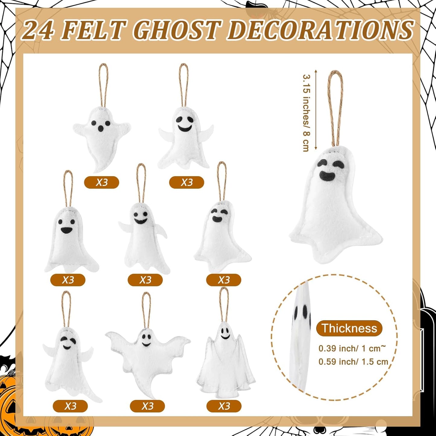 Vercraft 24 Pcs Ghost Hanging Ornaments Felt Christmas Tree Ornaments Decoration White Ghost Decoration for Small Christmas Tree Party Decor Home Favors Supplies