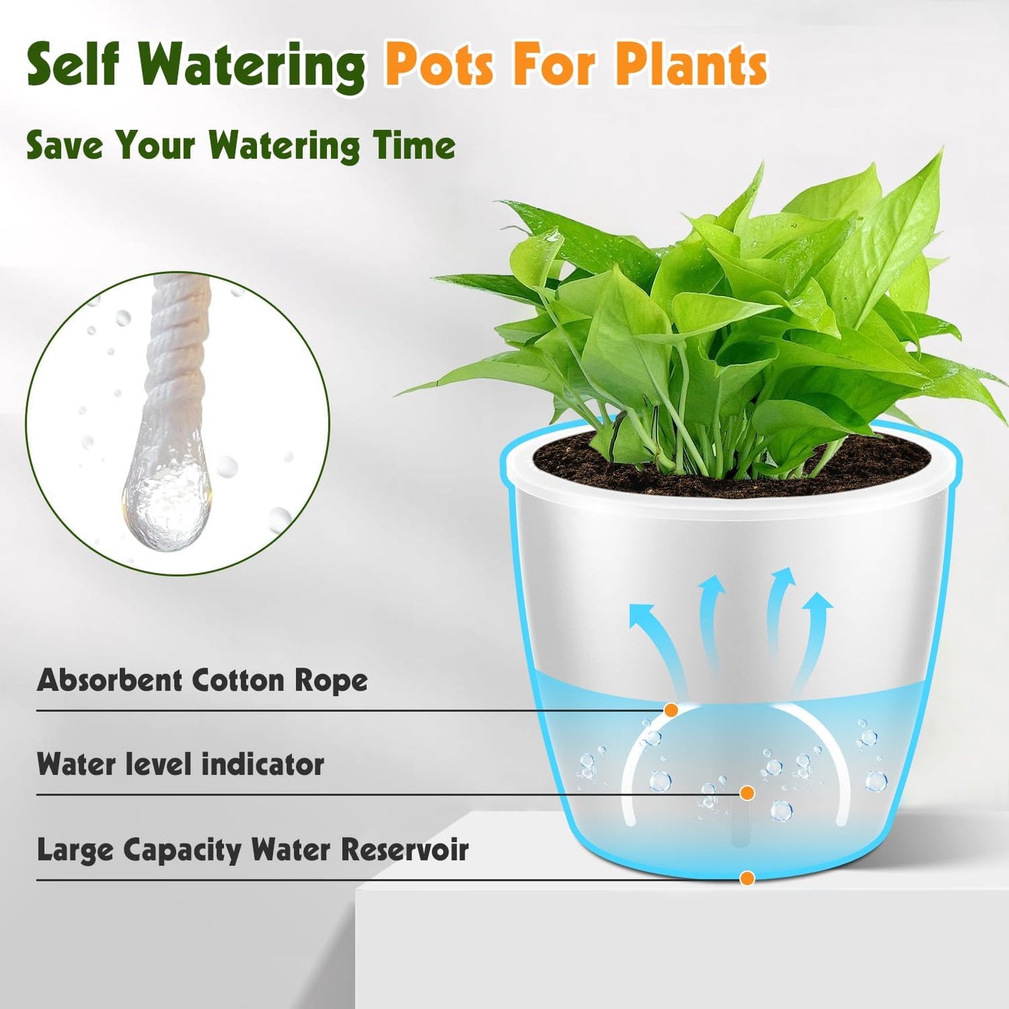 Self-Watering Pots for Indoor Plants, 8-Pack Self Watering Planter with Drainage Holes, Small African Violet Pots with Water Indicator, 5 Packs 5''/3 Pack 6.7'' Orchid Pot, White