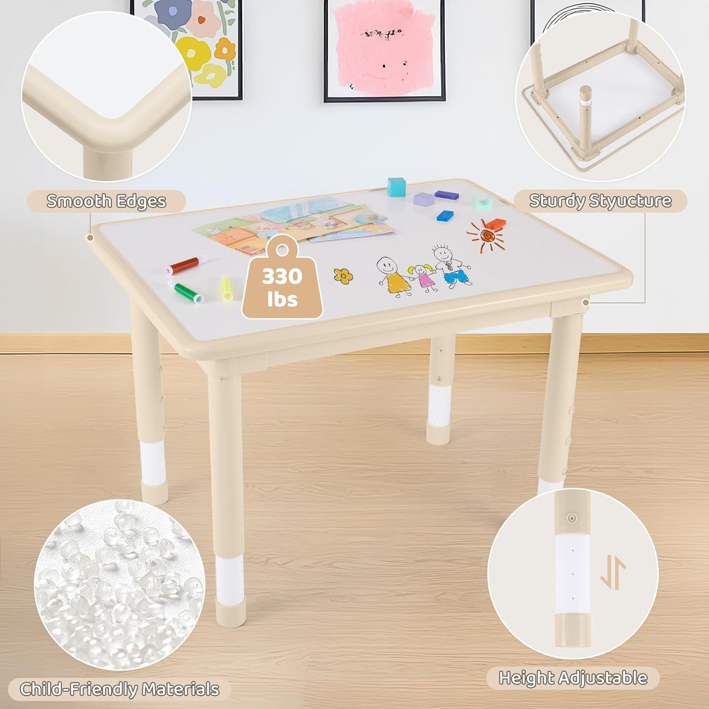 Kids Table and 2 Chairs Set, Height Adjustable (17.7"-26.1") Toddler Table and Chair Set, Multi-Activity Table with Graffiti Desktop, Children’s Table and Chairs for Classroom, Home & Daycare